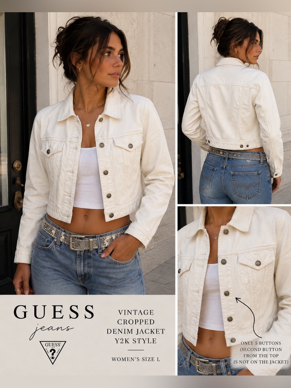 ✨Vintage ✨| GUESS | Large | 🤍Off-White 🤍| Denim Jacket | Cropped | Y2K